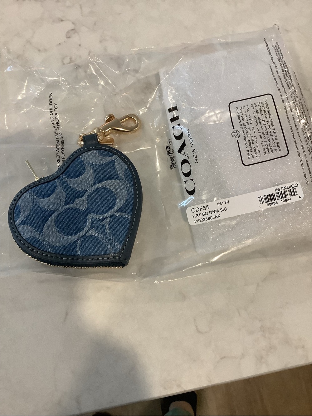 COACH Denim Signature Heart Zip Coin Pouch Key Ring with Gold Hardware - Picture 5 of 8